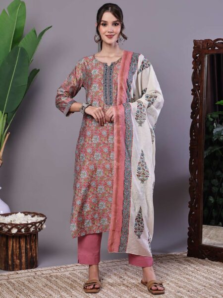 Women's Pink Floral Chanderi Printed Kurta Set with Dupatta Suit Sets